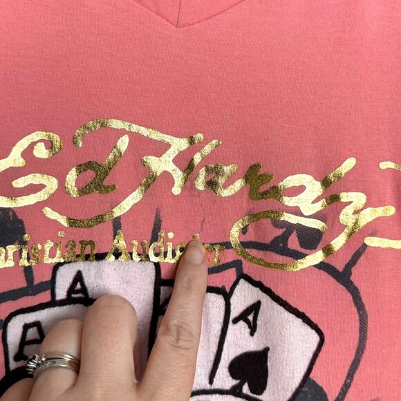 Ed Hardy Peach Pink Short Sleeve V Neck Airbrushed Y2K Night Shirt Women's S - Picture 7 of 11